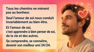 Homme en réflexion avec un visuel symbolique d’amour de soi et un texte sur le bien-être en autonomie affective