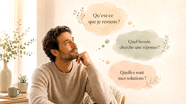 Homme en réflexion qui identifie ce qu’il ressent, reconnaît son besoin et cherche des solutions en autonomie affective.